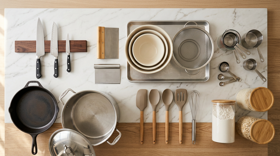 Fifteen kitchen essentials arranged in organized tiers on a clean countertop