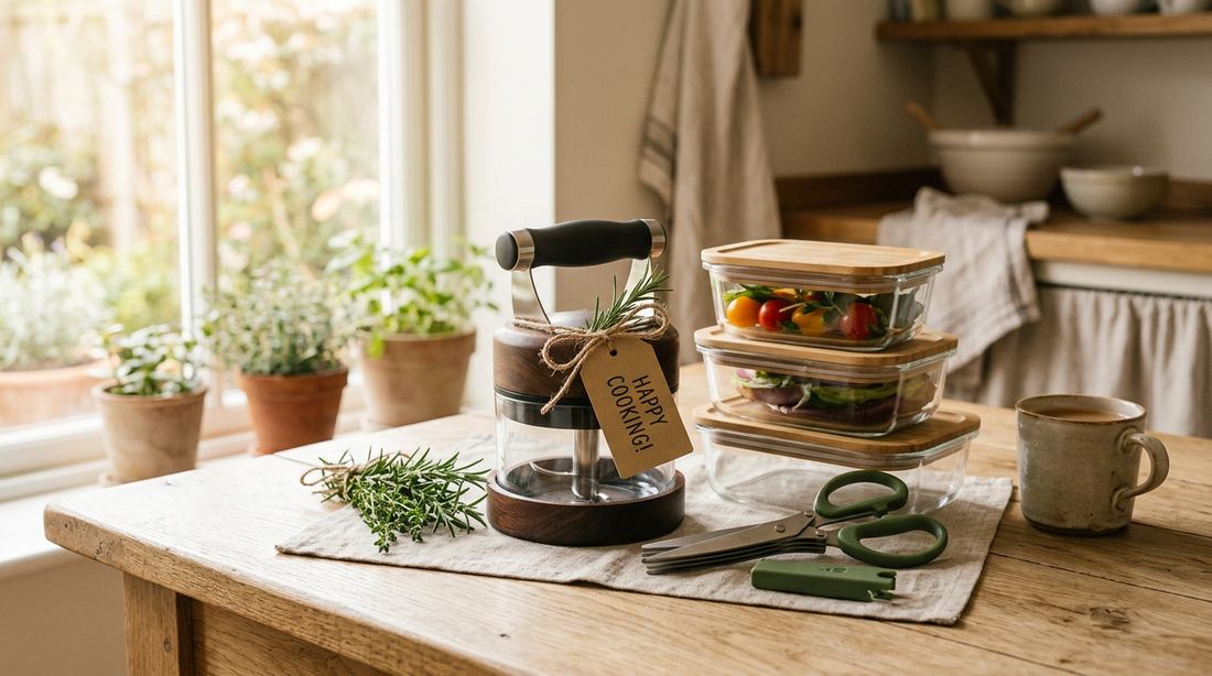 Beautiful kitchen tool gift set with ribbon on wooden counter — perfect home cook gift idea