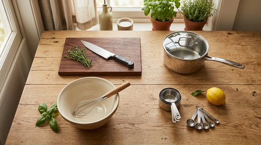 Beginner home cook's essential kitchen tools arranged by category on a light wood counter