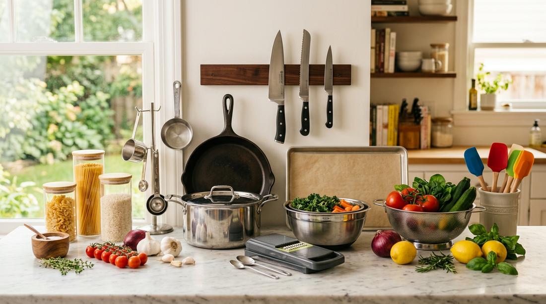 Complete set of essential kitchen tools arranged on a bright modern kitchen counter