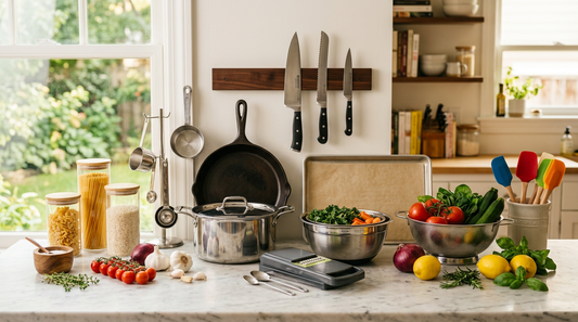 Complete set of essential kitchen tools arranged on a bright modern kitchen counter