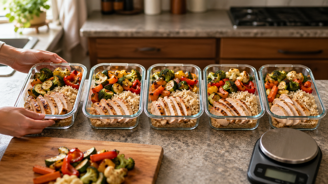 Five glass low calorie meal prep containers with chicken vegetables and rice portioned for week