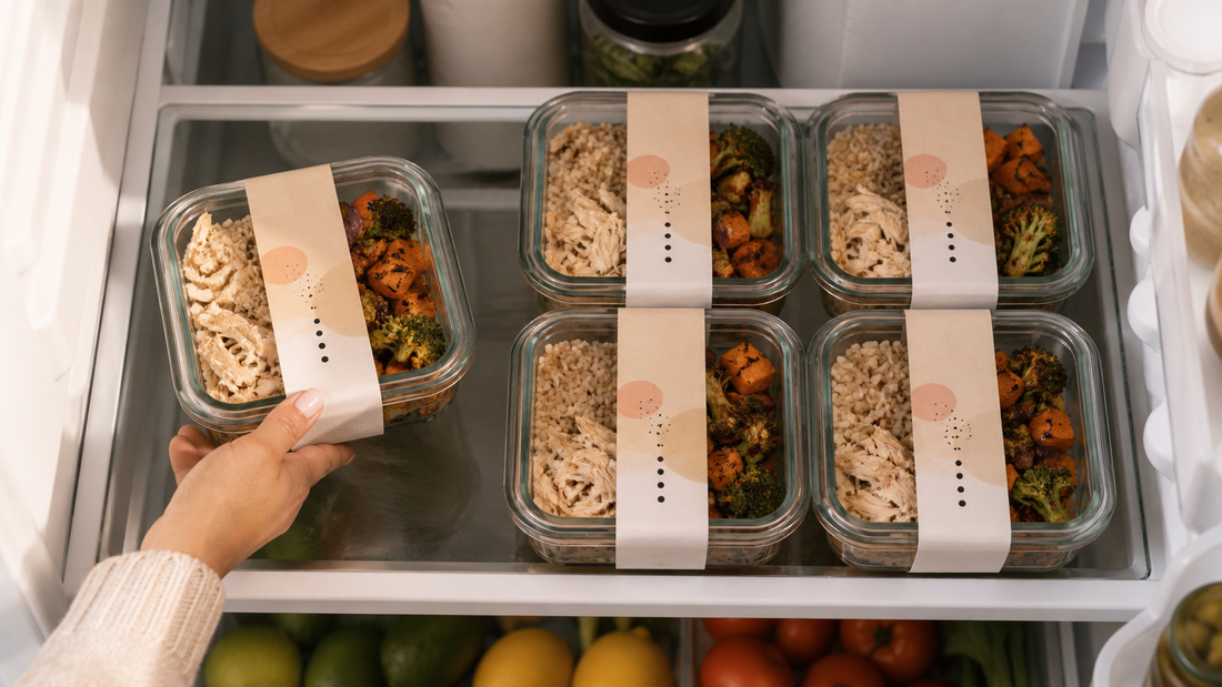 Glass containers of make-ahead family dinners labeled and stacked in fridge