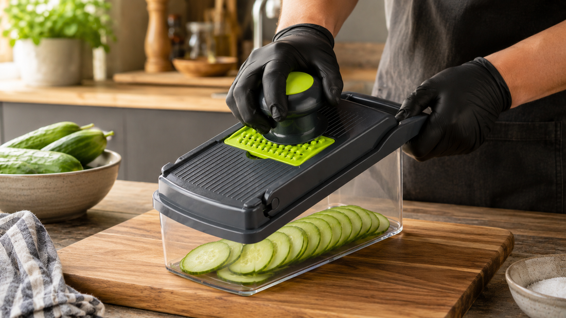 Mandoline slicer cutting thin even cucumber slices on a wood board