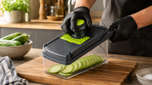 Mandoline slicer cutting thin even cucumber slices on a wood board