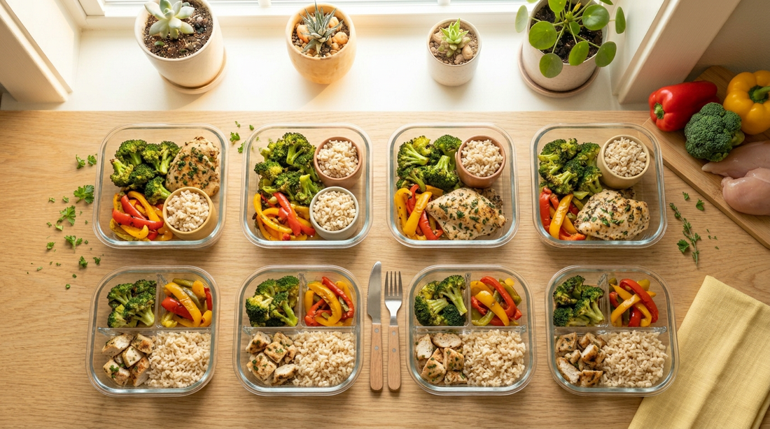 Family meal prep containers with portioned chicken vegetables and rice for weight loss
