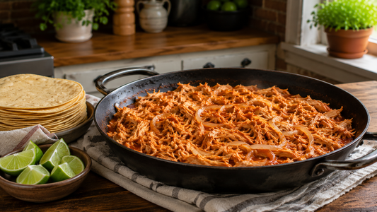 Skillet of pollo deshebrado in tomato onion sauce with warm tortillas