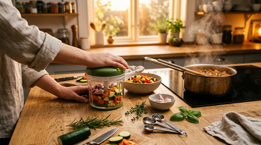 Woman's hands using multiple kitchen tools during active weeknight dinner preparation on counter