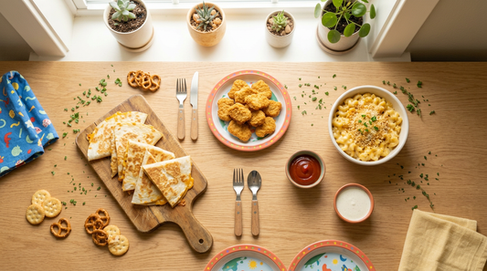 Picky eater friendly family dinner with chicken nuggets mac and cheese and quesadillas