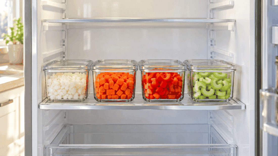 Pre-chopped vegetables in sealed glass containers on a fridge shelf