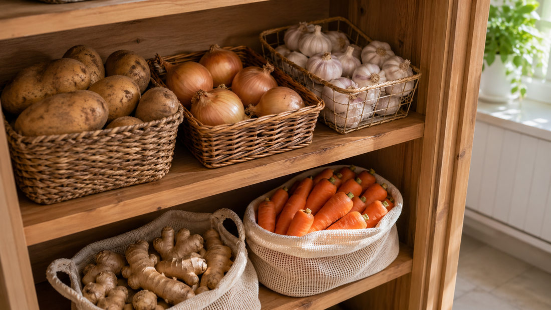 Root vegetables potatoes onions garlic ginger carrots organized in pantry storage bins