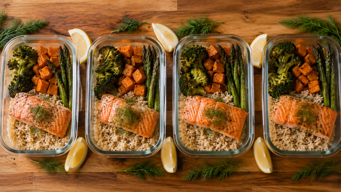 Salmon meal prep containers with herbed salmon and roasted vegetables for the week