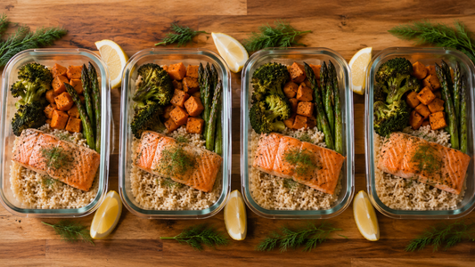 Salmon meal prep containers with herbed salmon and roasted vegetables for the week