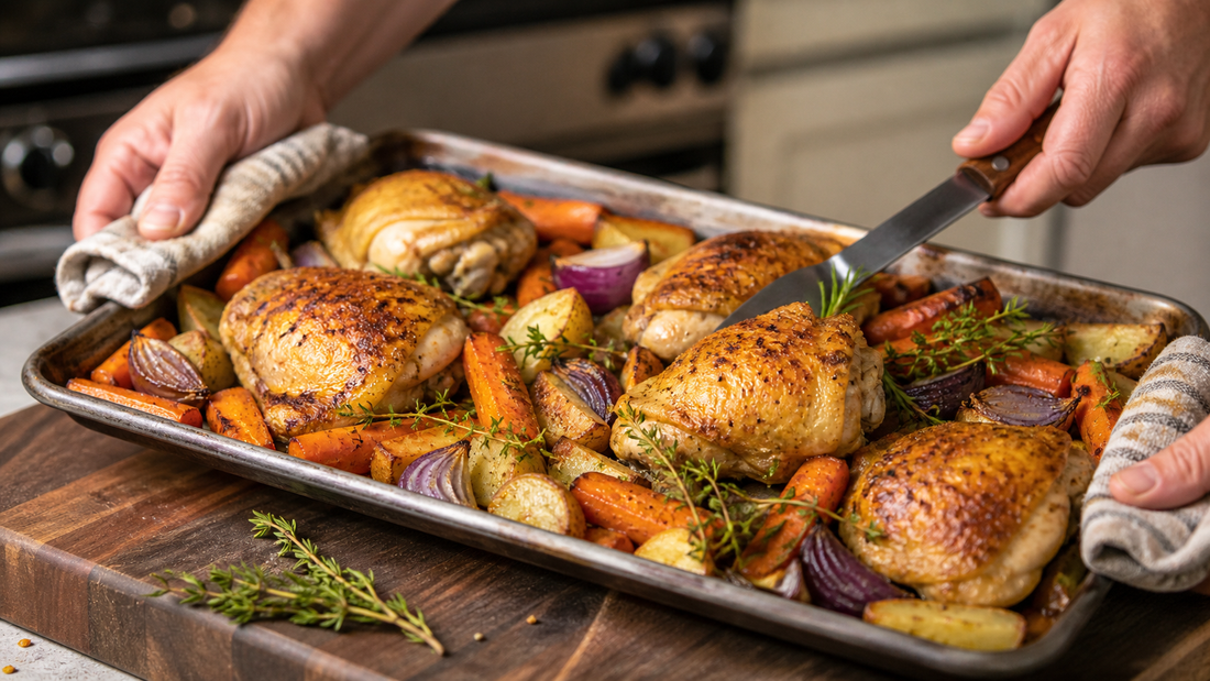 Sheet pan chicken thighs with roasted root vegetables one pan family dinner