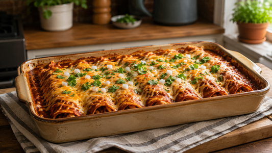 Pan of baked shredded chicken enchiladas with melted cheese and red sauce