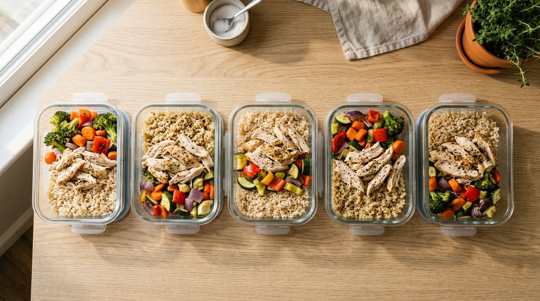 shredded chicken meal prep containers lined up on kitchen counter for weekly plan