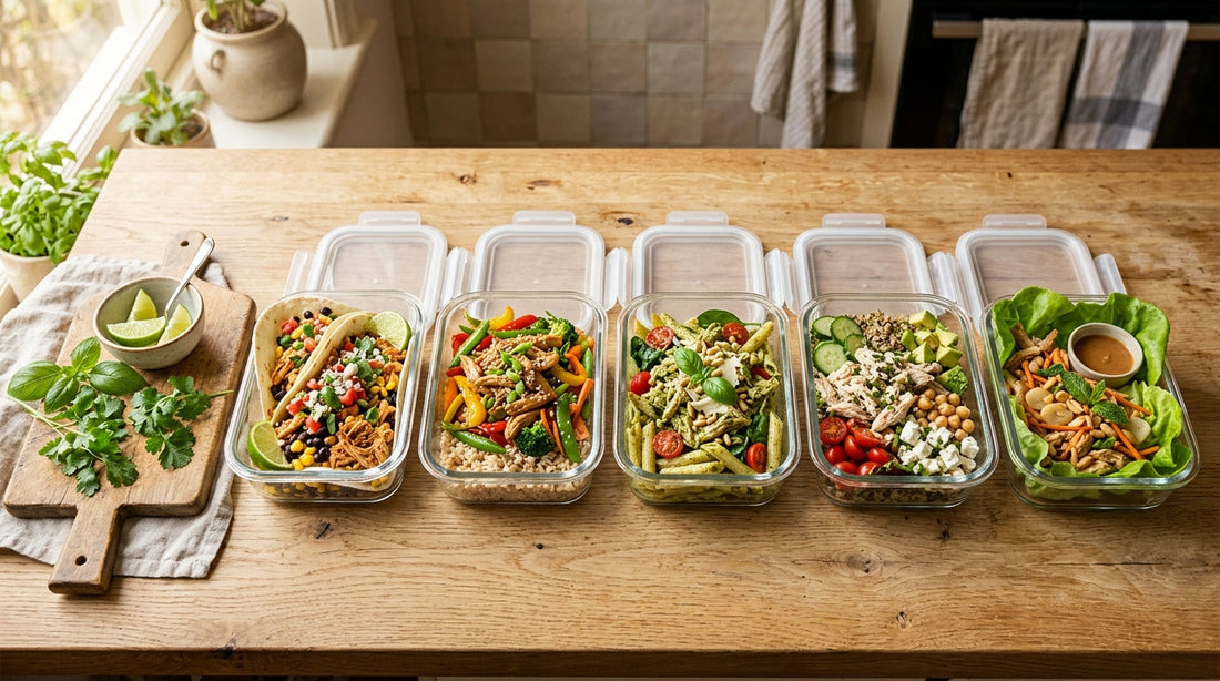 Shredded chicken recipes spread across five meal prep containers on kitchen counter