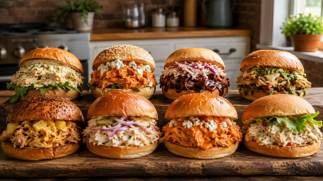 Eight shredded chicken sandwiches lined up on a wooden board