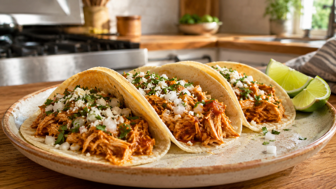 Shredded chicken tacos with toppings ready in 20 minutes