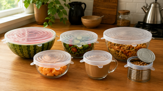 Six silicone stretch lids sealing bowls and containers of different sizes