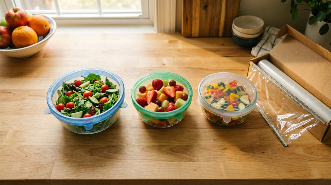 Silicone stretch lids covering bowls next to plastic wrap roll on kitchen counter