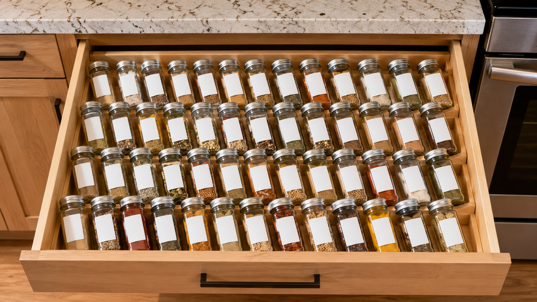 Organized spice drawer with labeled jars in tilted insert