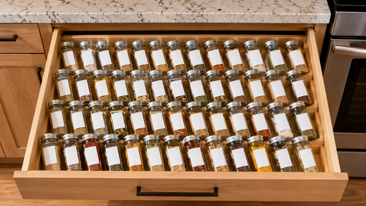 Organized spice drawer with labeled jars in tilted insert