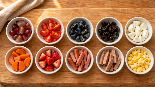 10 quartered toddler snack foods grapes tomatoes blueberries hot dogs flat lay