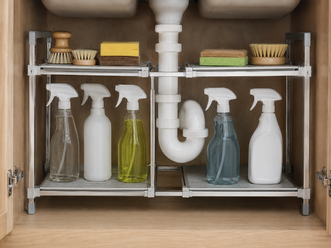 Organized under-sink cabinet with tiered shelving and clear bins