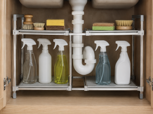 Organized under-sink cabinet with tiered shelving and clear bins