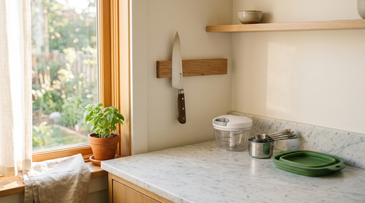 Compact multi-function kitchen tools arranged in small counter space showing space-saving organization