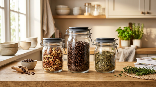 Vacuum storage jars filled with coffee beans nuts and dry goods on kitchen counter