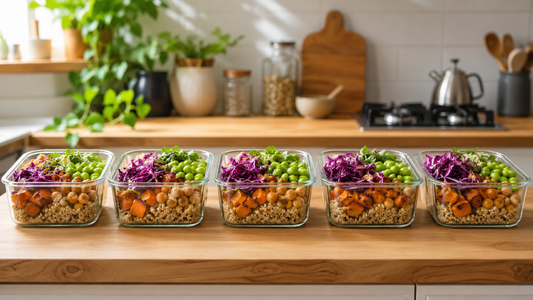 Glass containers of colorful vegan meal prep for the week