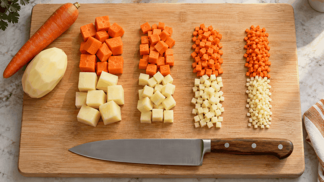 Carrot and potato cut into large, medium, small dice and brunoise