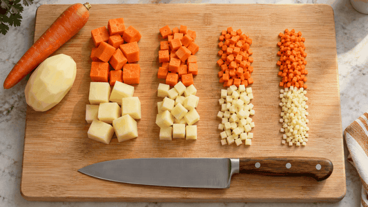 Carrot and potato cut into large, medium, small dice and brunoise