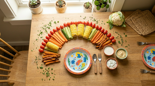 Colorful vegetables arranged on plate for picky eaters with dipping sauces