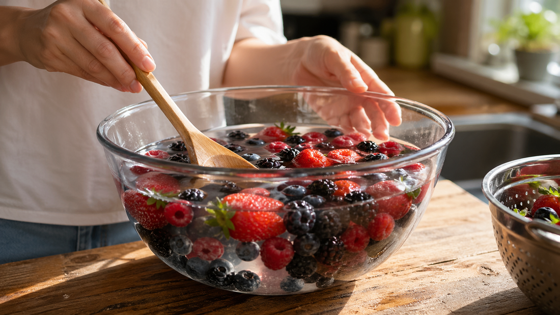 Strawberries blueberries raspberries blackberries soaking in vinegar water bath for cleaning