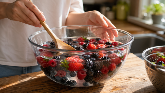 Strawberries blueberries raspberries blackberries soaking in vinegar water bath for cleaning