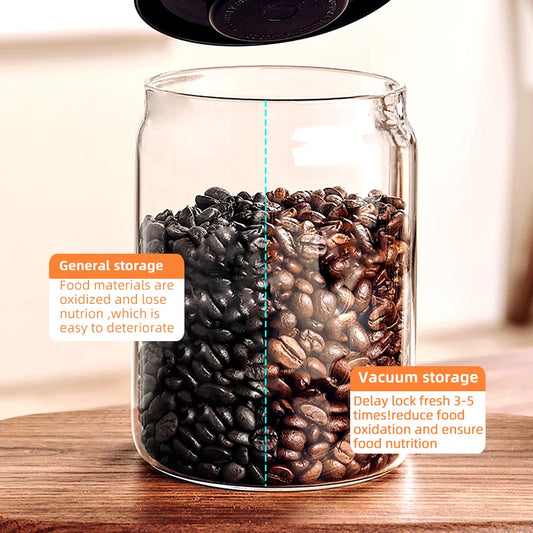 Glass jar with coffee beans showing the difference between general storage and vacuum storage.