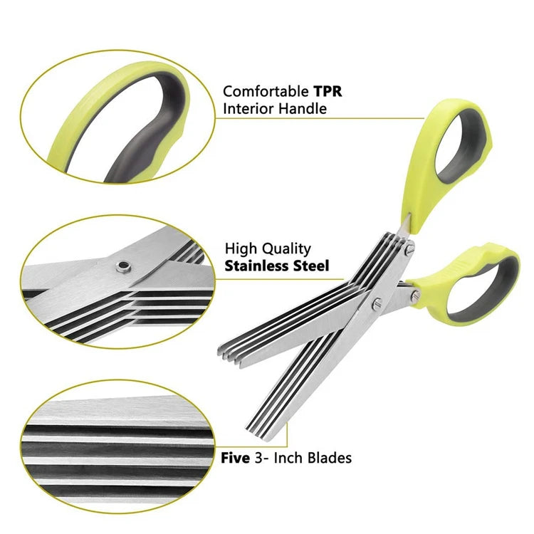 5-Blade Herb Scissors Set — Stainless Steel with Safety Cover