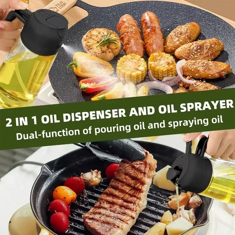 2-in-1 Olive Oil Dispenser and Oil Sprayer — dual-function pouring and spraying on grill pan with sausages and steak