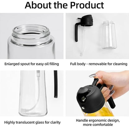 2-in-1 Olive Oil Sprayer Dispenser Glass Bottle features — enlarged spout, removable body for cleaning, translucent glass, ergonomic handle design