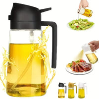2-in-1 Olive Oil Sprayer and Dispenser Glass Bottle with black lid — showing oil pouring over salad and steak, 3 color variants