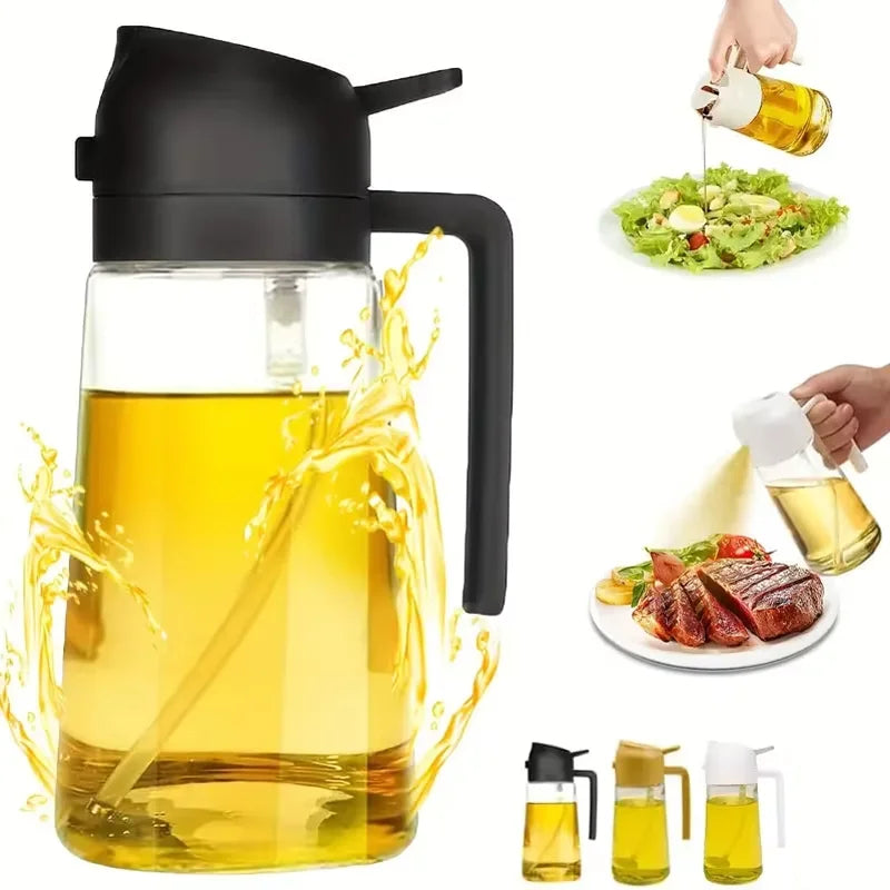 2-in-1 Olive Oil Sprayer and Dispenser Glass Bottle with black lid — showing oil pouring over salad and steak, 3 color variants