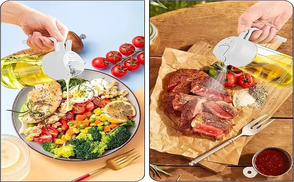 2-in-1 Olive Oil Sprayer in use — spraying oil over colorful salad bowl and seasoning grilled steak for healthy cooking