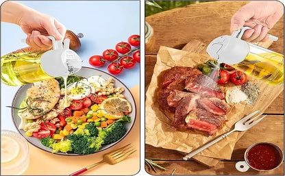 2-in-1 Olive Oil Sprayer in use — spraying oil over colorful salad bowl and seasoning grilled steak for healthy cooking