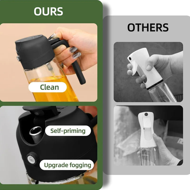 2-in-1 Olive Oil Sprayer Glass Bottle comparison — Ours vs Others showing clean design, self-priming and upgrade fogging advantages
