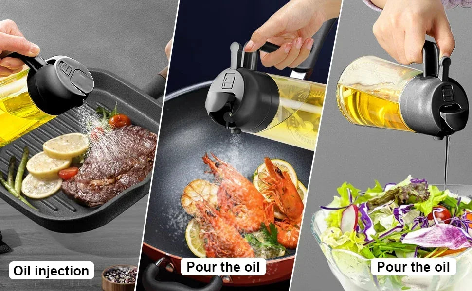 Olive Oil Sprayer and Dispenser usage — oil injection on grilled steak, pouring oil on shrimp stir fry and fresh salad