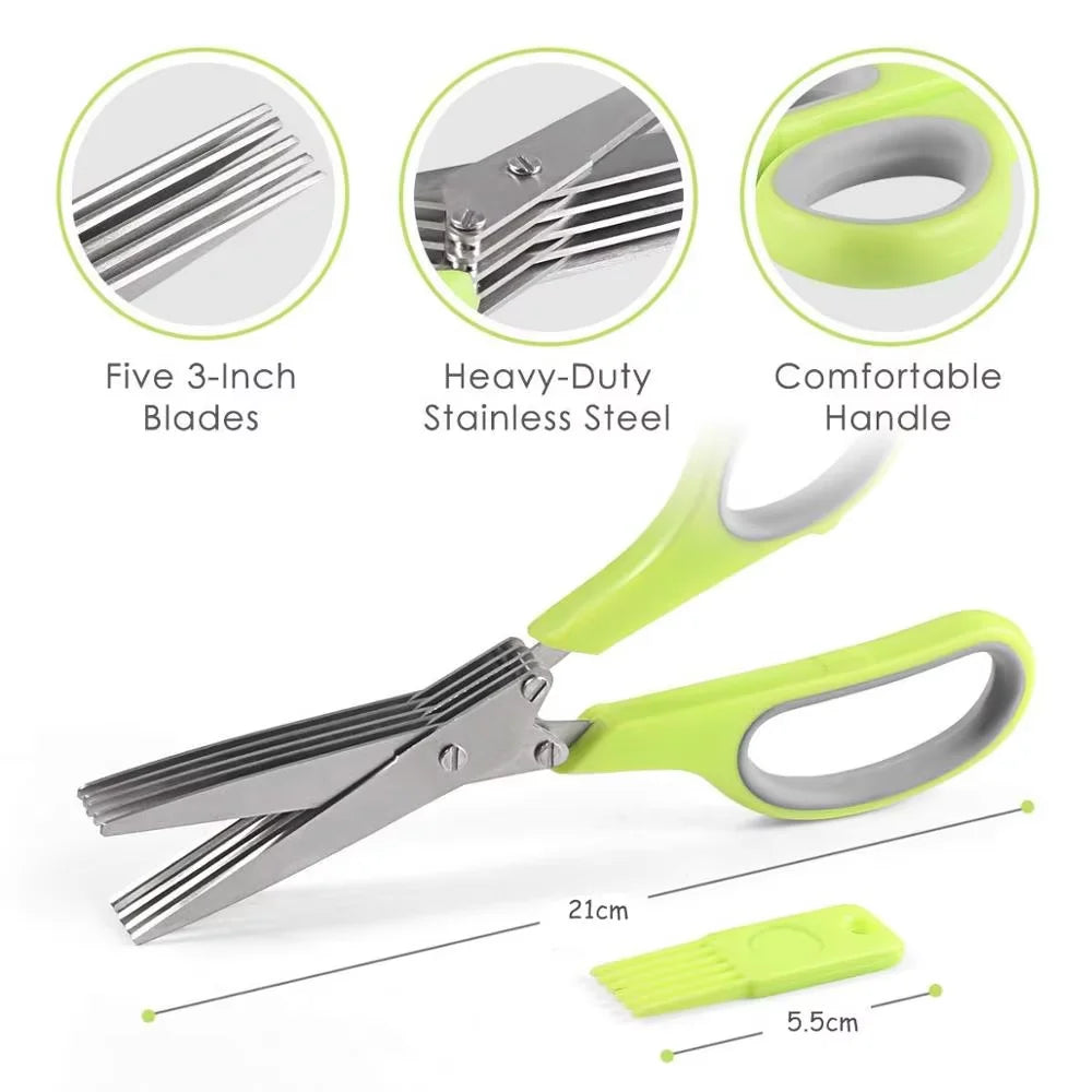 5-Blade Herb Scissors Set — Stainless Steel with Safety Cover
