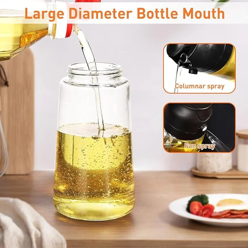 Olive Oil Dispenser Glass Bottle large diameter mouth — easy to fill with oil, showing columnar spray and fan spray modes